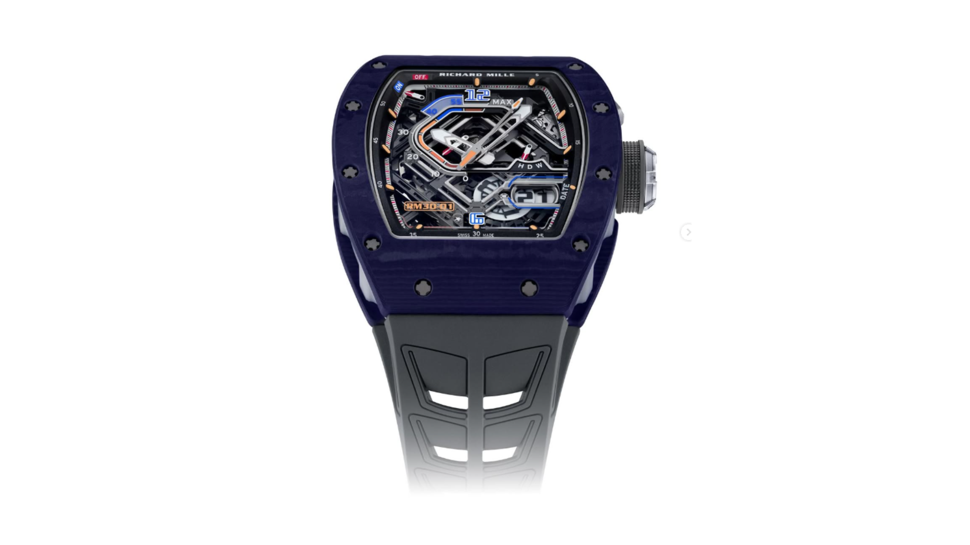 The New RM 30-01 Automatic in Blue & White Quartz TPT® Marvel with Declutchable Rotor