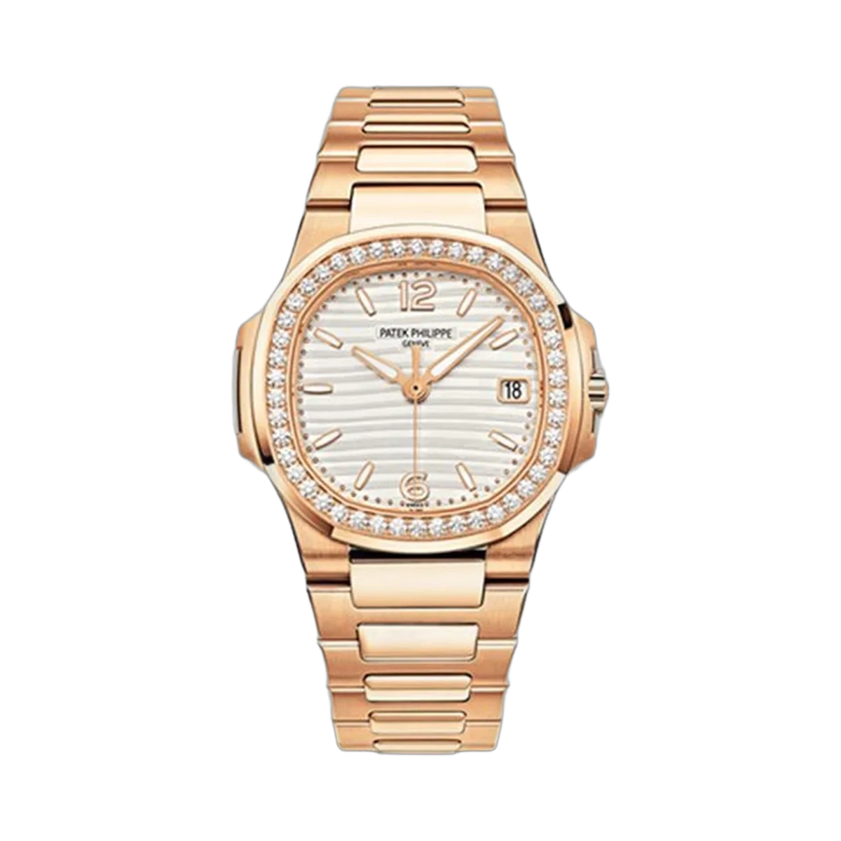 Patek Philippe Nautilus 7010/1R-011 Silvery Opaline Dial Diamonds-Set Bezel 32Mm 18K Rose Gold Ladies Watch