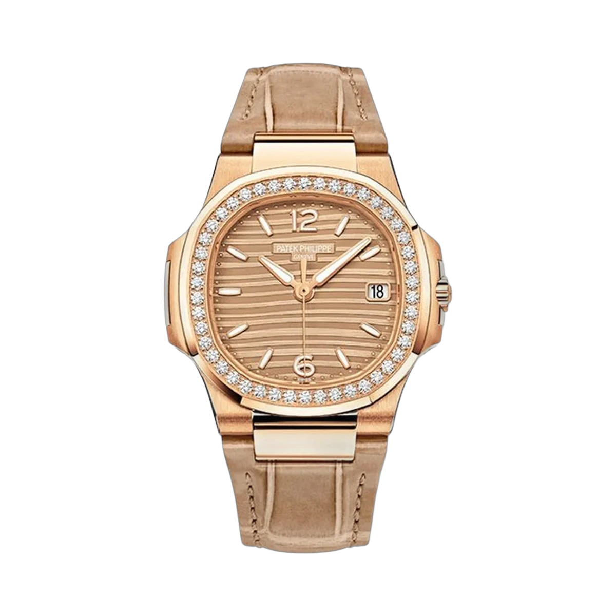 Patek Philippe Nautilus 7010R-012 Golden Index Dial Diamond-Set Bezel 32Mm 18K Rose Gold Beige Leather Straps
