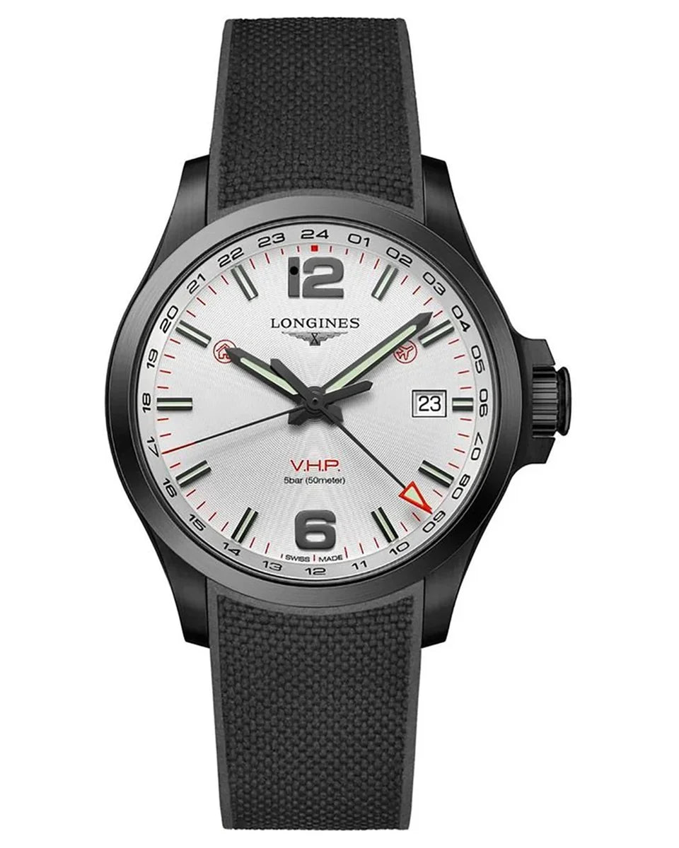 Longines Conquest VHP L3.728.2.76.9 GMT Silver Dial 43mm Black PVD