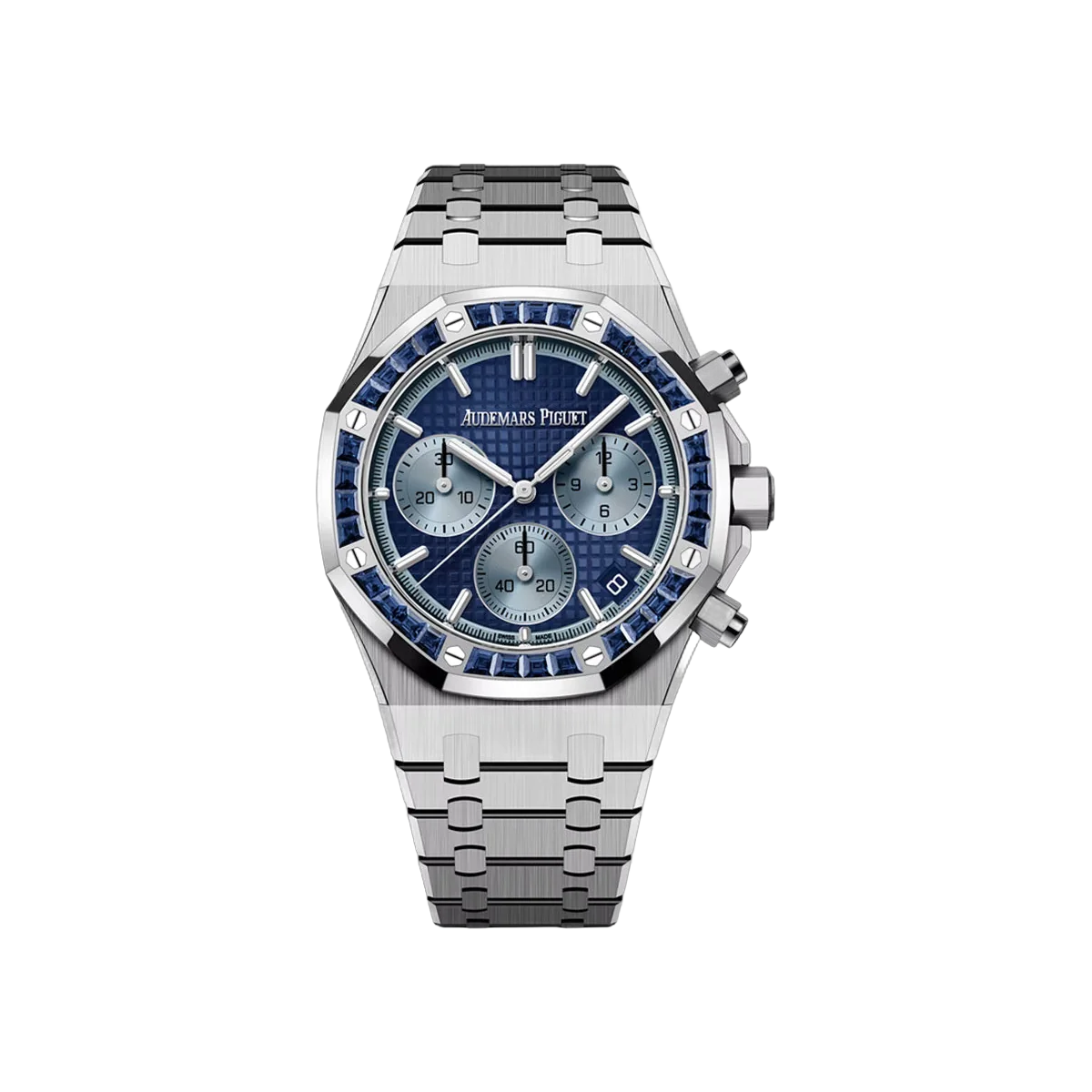 Audemars Piguet Royal Oak 26240BC.SS.1320BC.01 White Gold Baguette-cut Blue Sapphires Bezel 41mm Blue Dial Men's Watch