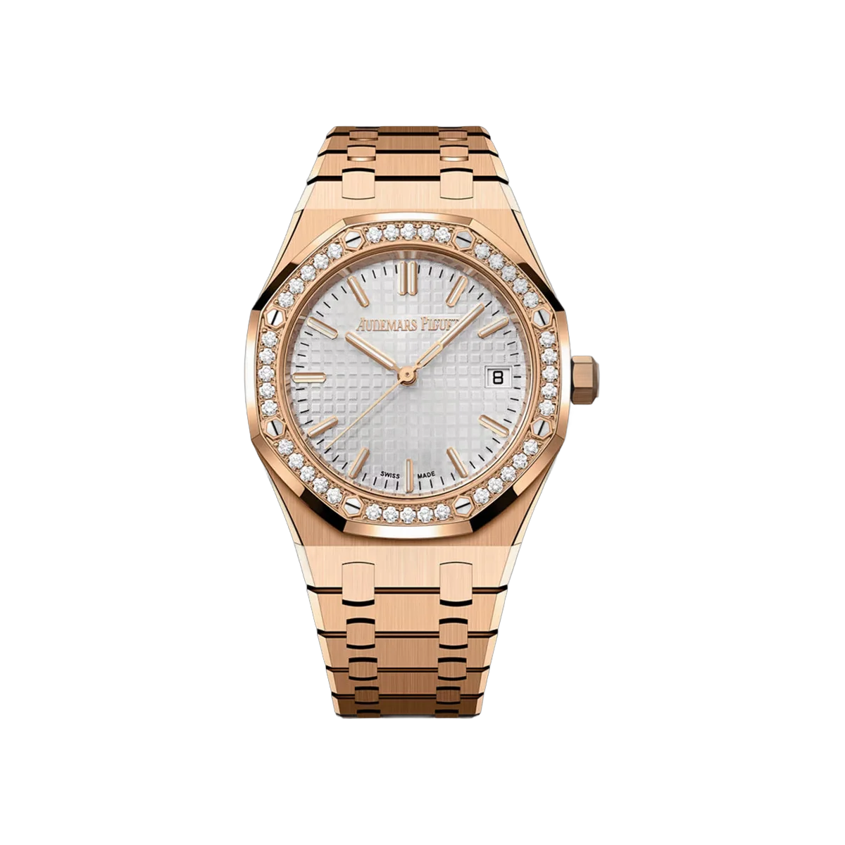 Audemars Piguet Royal Oak 77451OR.ZZ.1361OR.03 Rose Gold Diamond Bezel 34mm Silver Dial Ladies Watch