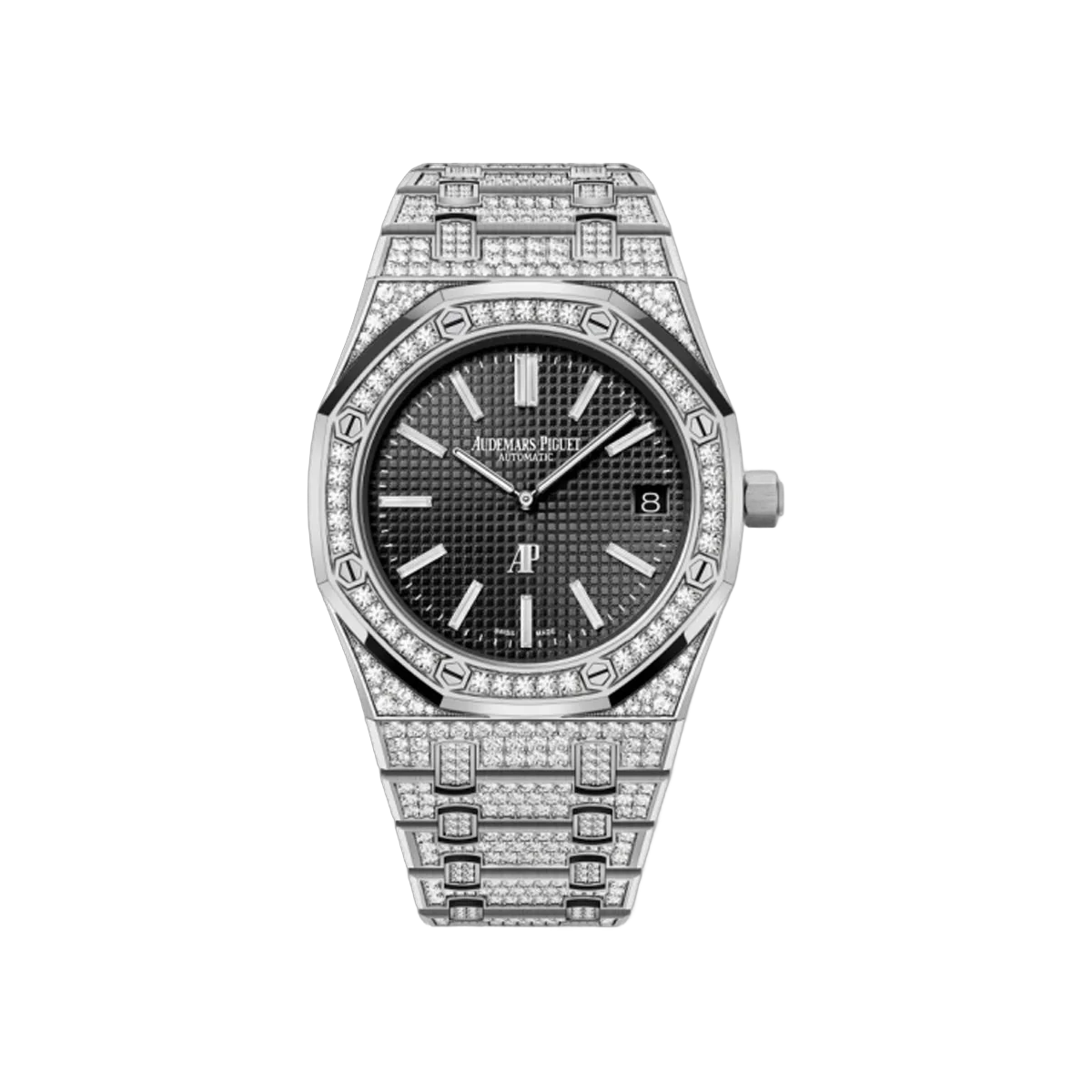 Audemars Piguet Royal Oak Jumbo Extra Thin 15202BC.ZZ.1241BC.03 Black Dial Full Paved Diamond White Gold 39mm Men's Watch