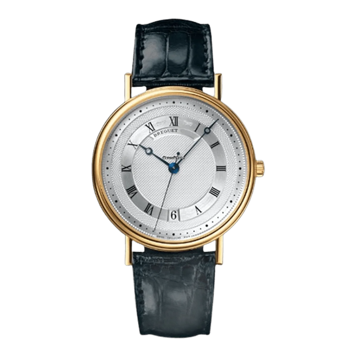Breguet Classique 5930Ba/12/986 Silver Roman Numerals Automatic 35.5Mm 18K Yellow Gold Black Leather Straps Unisex Watch
