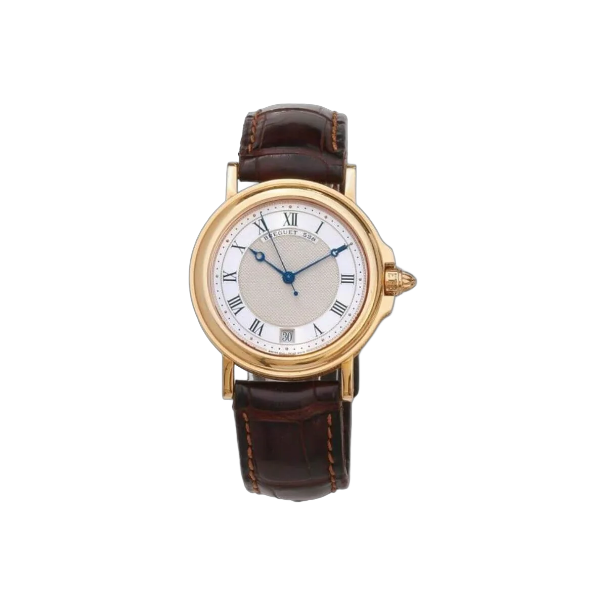 Breguet Marine 3400BA/12/996 Silver Roman Dial Automatic 35.5Mm 18K Yellow Gold Brown Leather Straps Unisex Watch