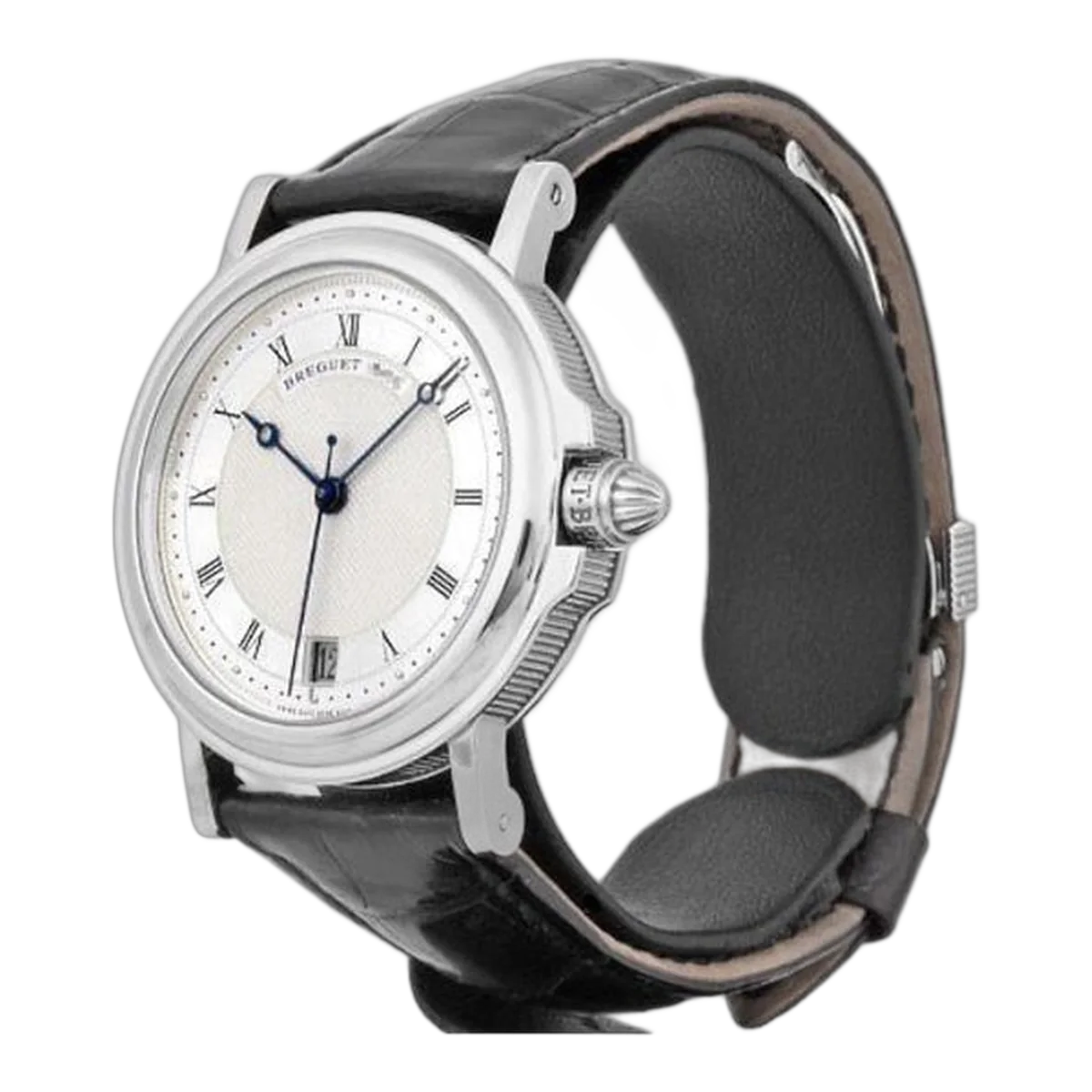 Breguet Marine 3400Bb/12/996 Silver Roman Dial Automatic 36Mm 18K White Gold Black Leather Straps Unisex Watch