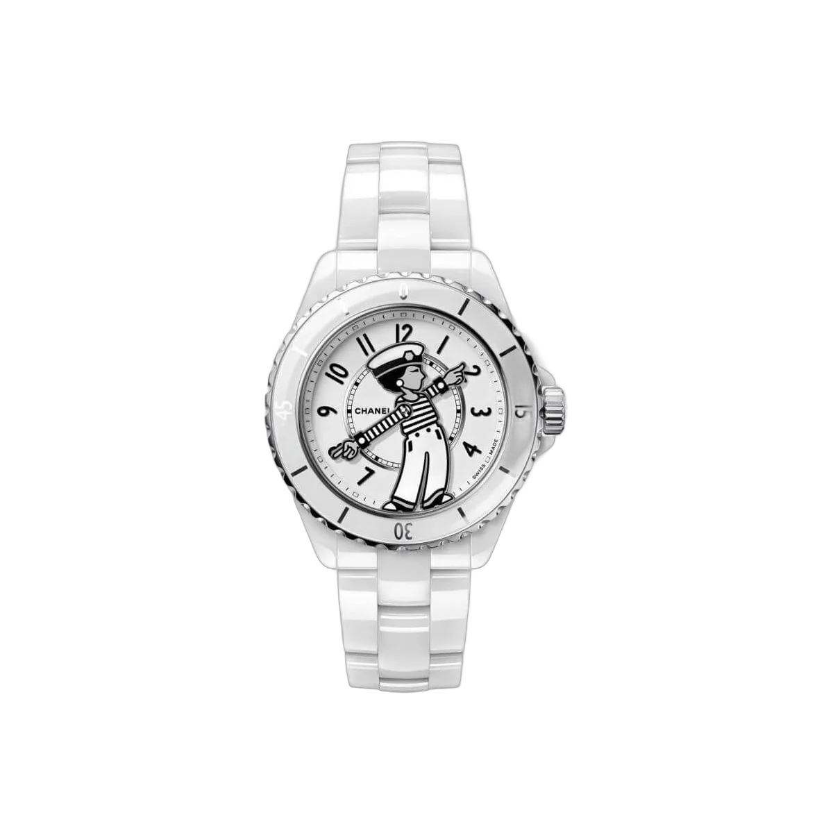 CHANEL - 極美品◎CHANEL シャネル P71636 21K ランウエイ着 ラインストーンココマークボタン付き ファーベスト ブラック ホワイト 38 フランス製 レディース Chanel Mademoiselle J12 H7481 LA Pausa White Ceramic 38mm
