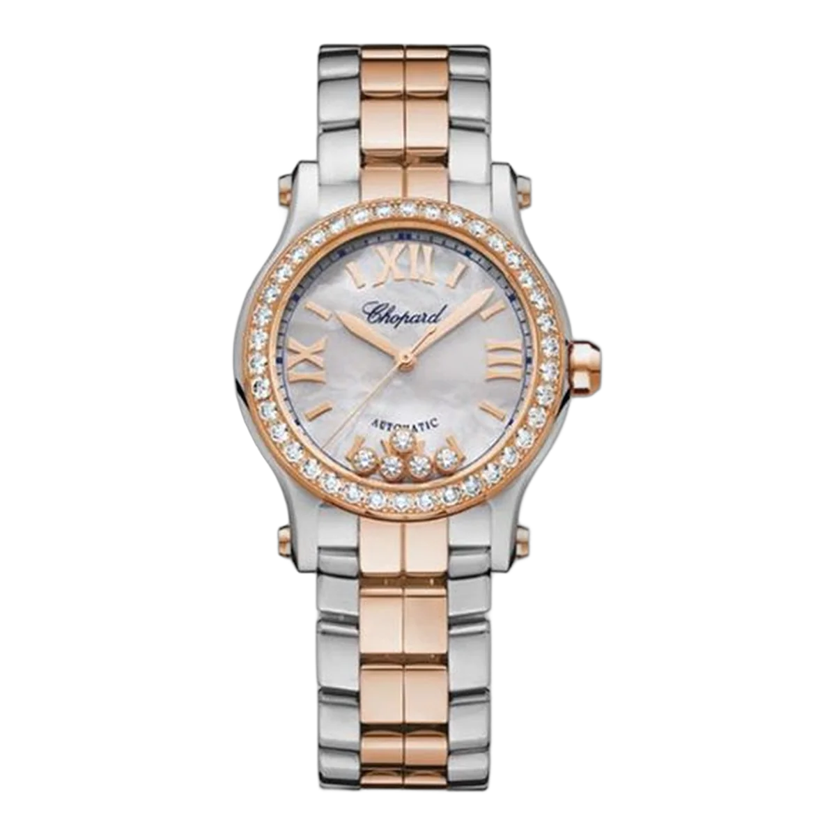 Chopard Happy Sport 278573-6021 Mother Of Pearl Roman 30Mm Round 5 Diamonds 18K Rose Gold & Stainless Steel Ladies Watch