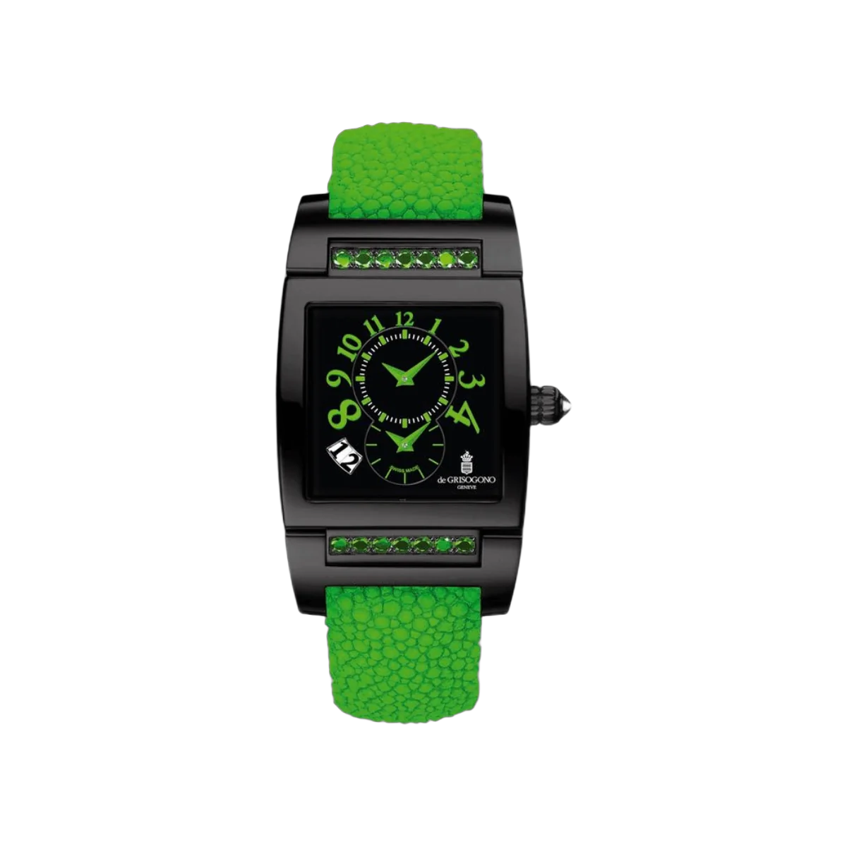 De Grisogono Instrument UNO DFN 28/A Dual Time Automatic Diamonds On Green Galuchat Strap Black Dial