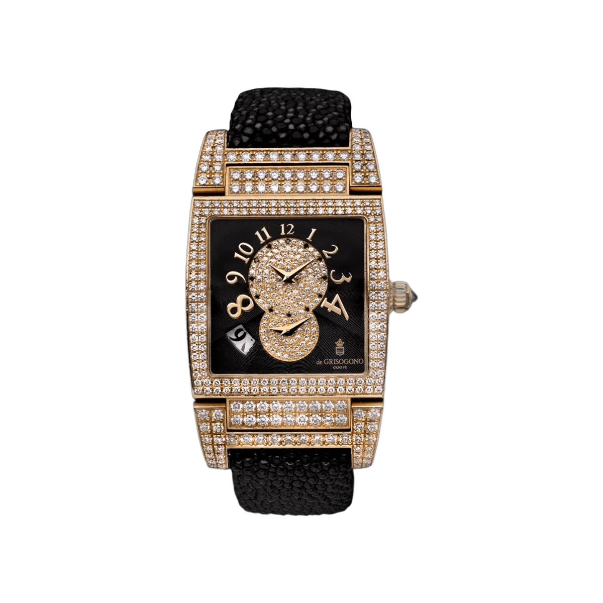 De Grisogono Instrumento UNO DF 6064 Automatic Rose Gold Diamond Bezel Galuchat Strap Black Diamond Dial