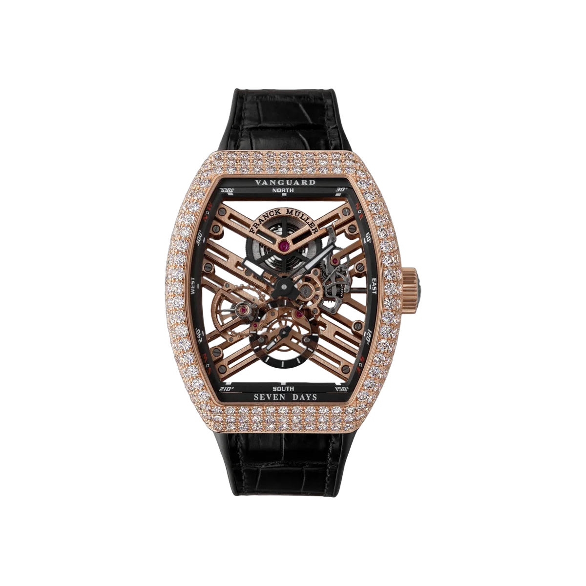 Franck Muller Vanguard Skeleton Seven Days V 41 S6 SQT D 5N NR 5N Power Reserve Rose Gold Diamond-set Bezel 41mm Skeleton Dial Unisex Watch