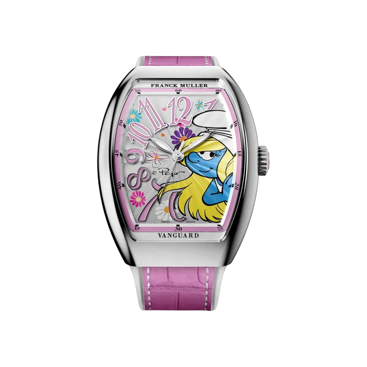 Franck Muller Vanguard V 32 SC AT FO FLW AC RS Smurfette Limited Edition Stainless Steel 32mm Floral Pink Dial Ladies Watch