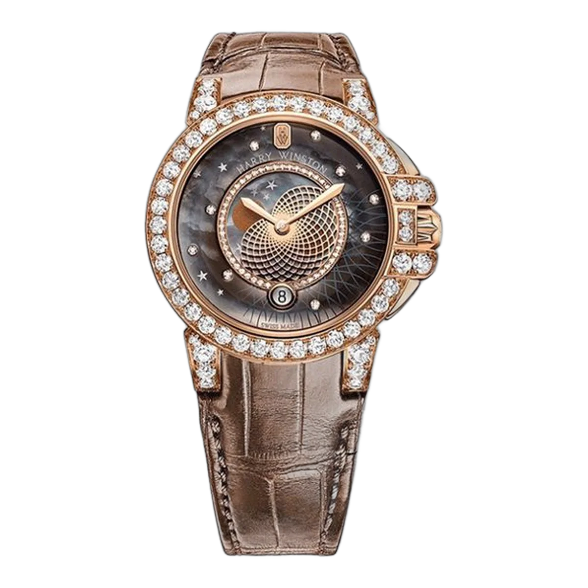 Harry Winston Pre -Owned Ocean Lady Brown Leather Strap Rose Gold Ladies Watch