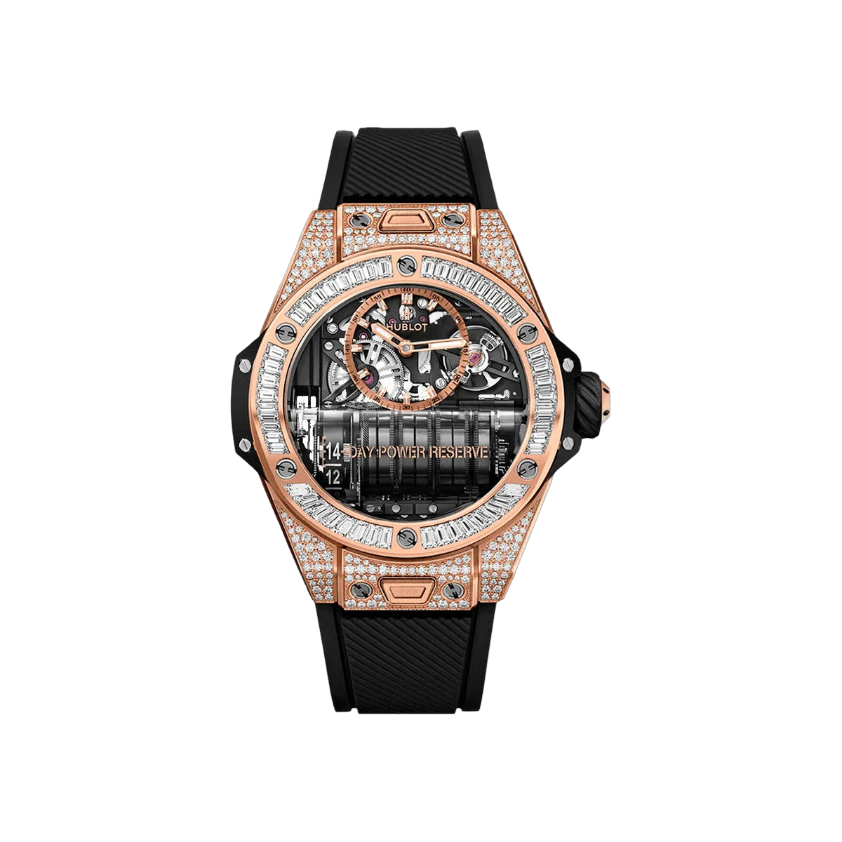 Hublot Big Bang MP-11 911.OX.0118.RX.0904 Rose Gold Baguette Diamonds Bezel Skeleton Dial 45mm Men's Watch