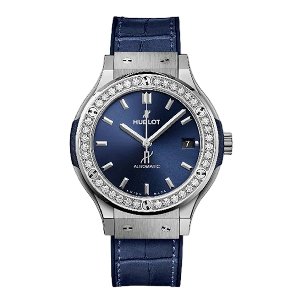 Hublot Classic Fusion 565.NX.7170.LR.1204.SDQ15 Blue Titanium Diamonds Bezel 38mm Ladies Watch