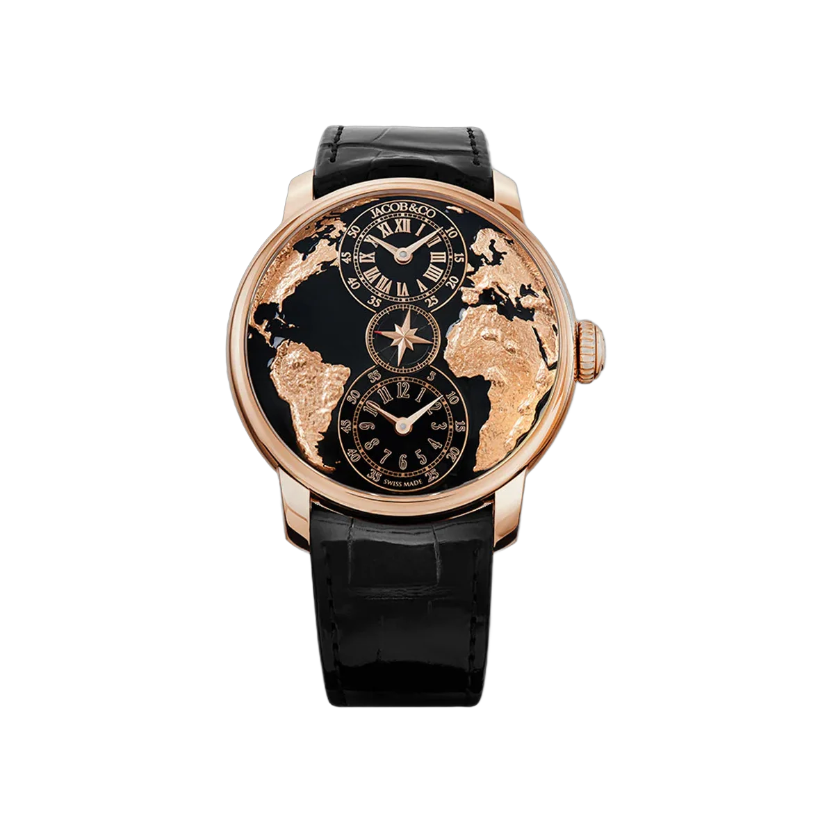 Jacob & Co. The World Is Yours Dual Time Zone DT100.40.AA.AB.A Rose Gold 43mm Black Dial Men's Watch