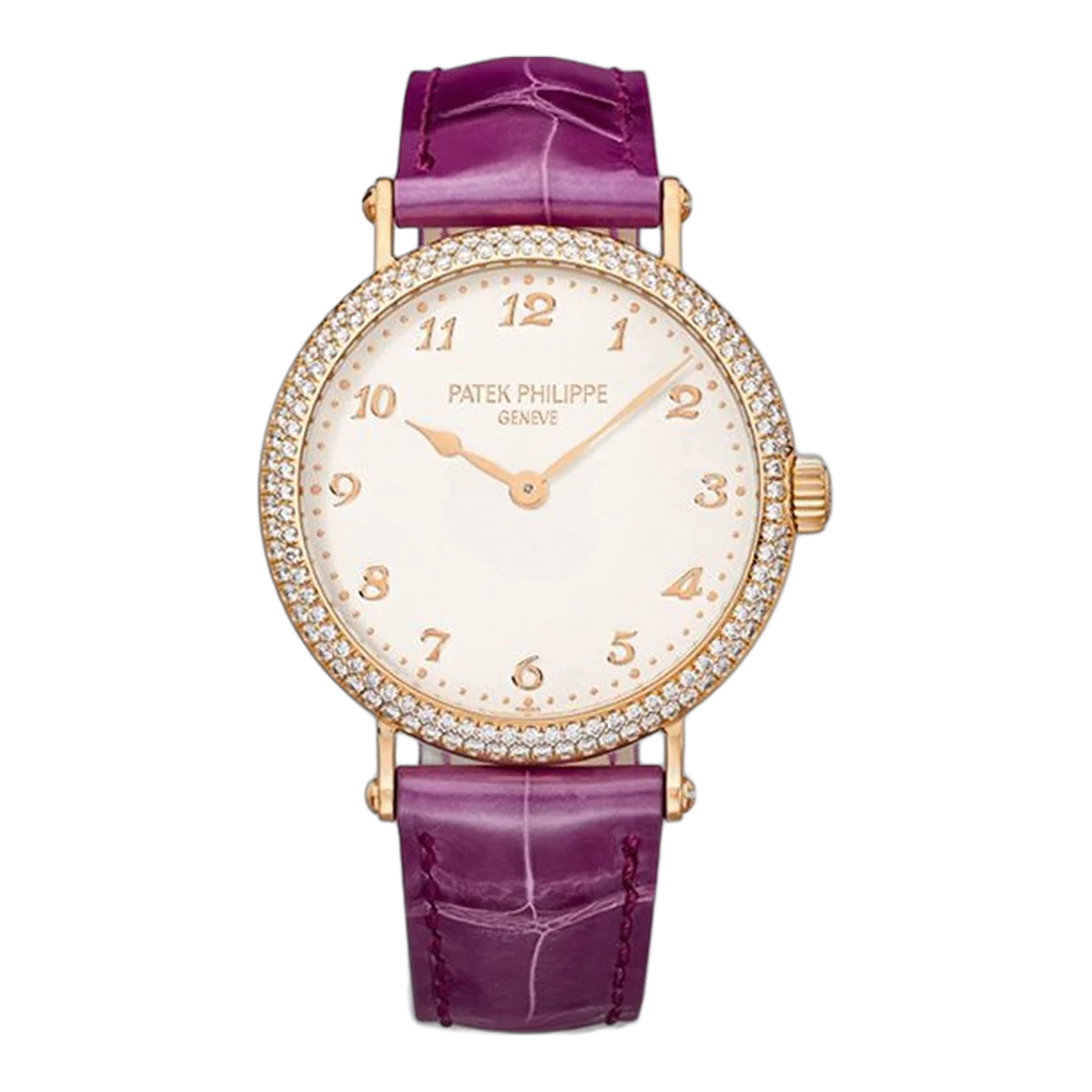 Patek Philippe Calatrava 7200/200R-001 Studded Silver Dial Diamond-Set Bezel 34.6Mm 18Kt Rose Gold Royal Purple Leather Straps Ladies Watch