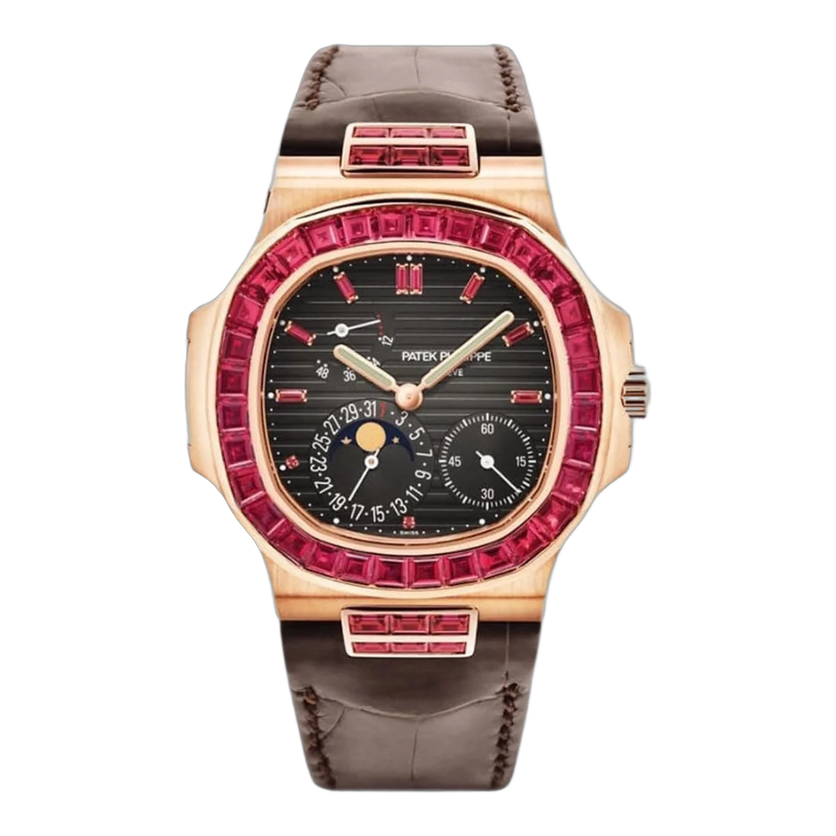 Patek Philippe Nautilus 5724/12R Moon-phases Rose Gold with Ruby Baguette Diamond Bezel 40.5mm Unisex Watch