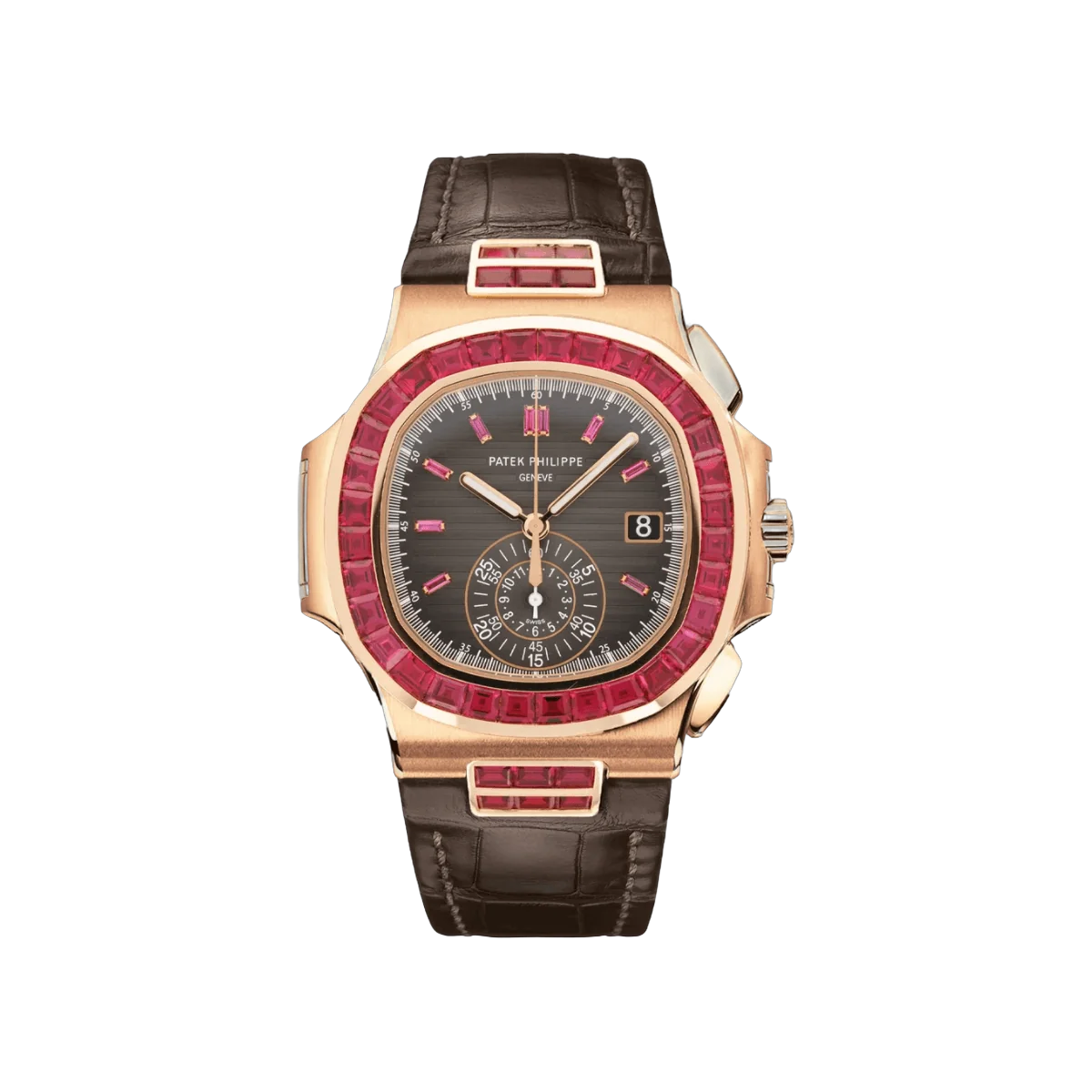 Patek Philippe Nautilus 5980/12R-010 Black Dial Ruby Bezel Chronograph 40Mm 18K Rose Gold Black Leather Straps Men's Watch