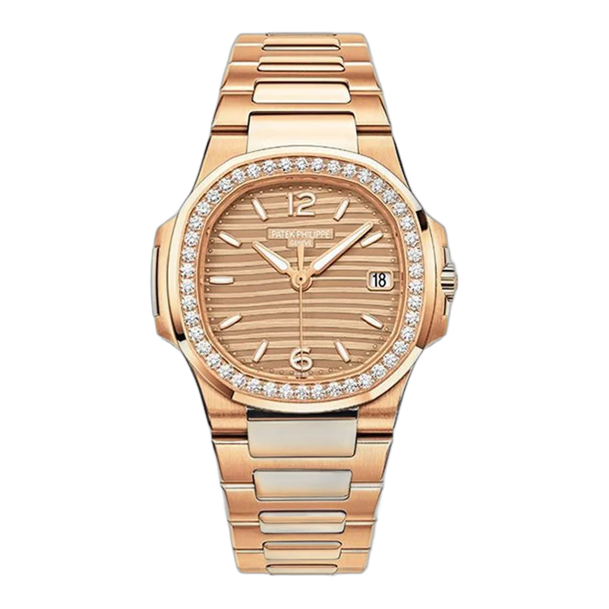Patek Philippe Nautilus 7010/1R-012 Golden Dial Diamond-Set Bezel 32Mm 18K Rose Gold Ladies Watch