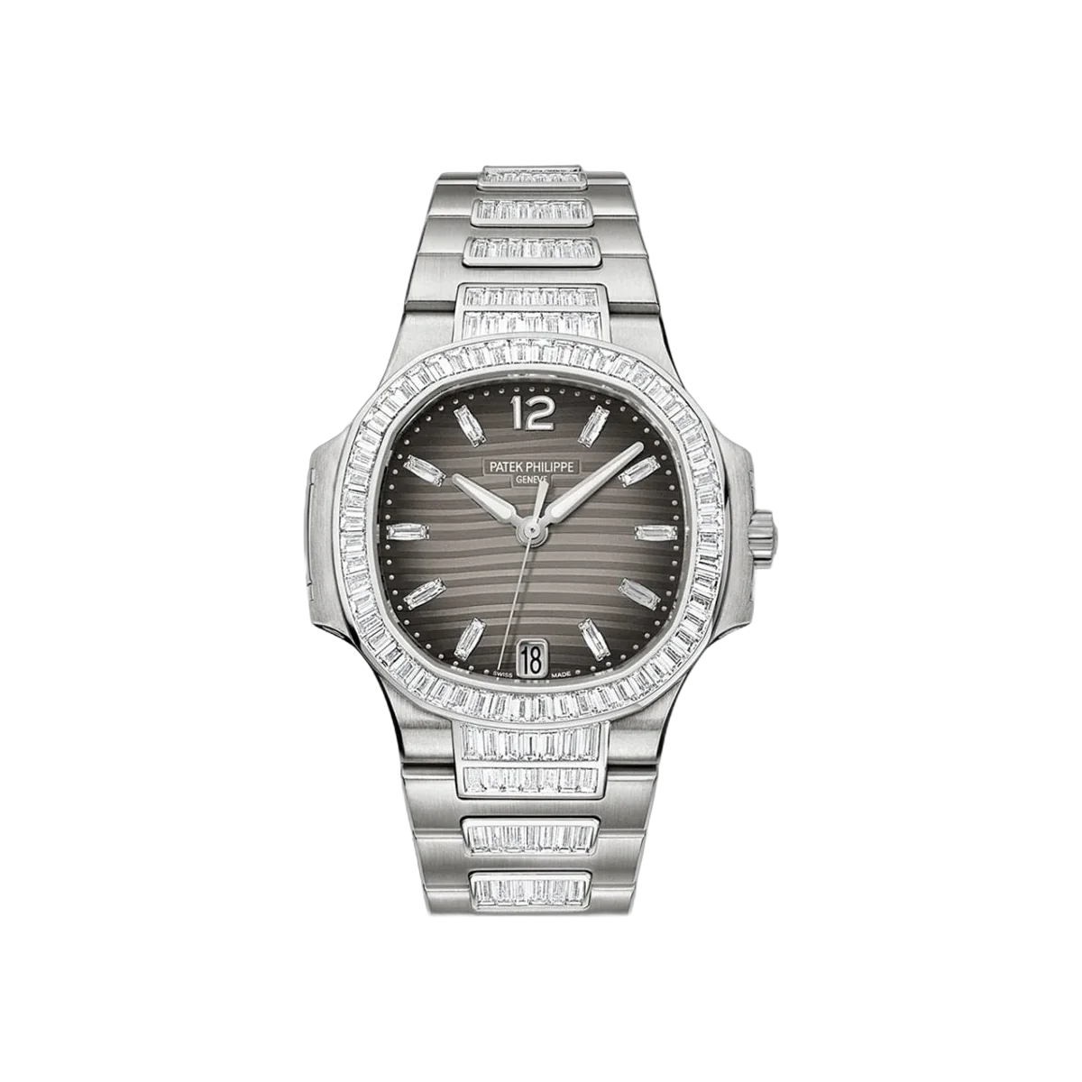 Patek Philippe Nautilus 7014/1G-001 Haute Joaillerie White Gold Baguette-cut Diamonds Bezel 33.5mm Gray Dial Ladies Watch