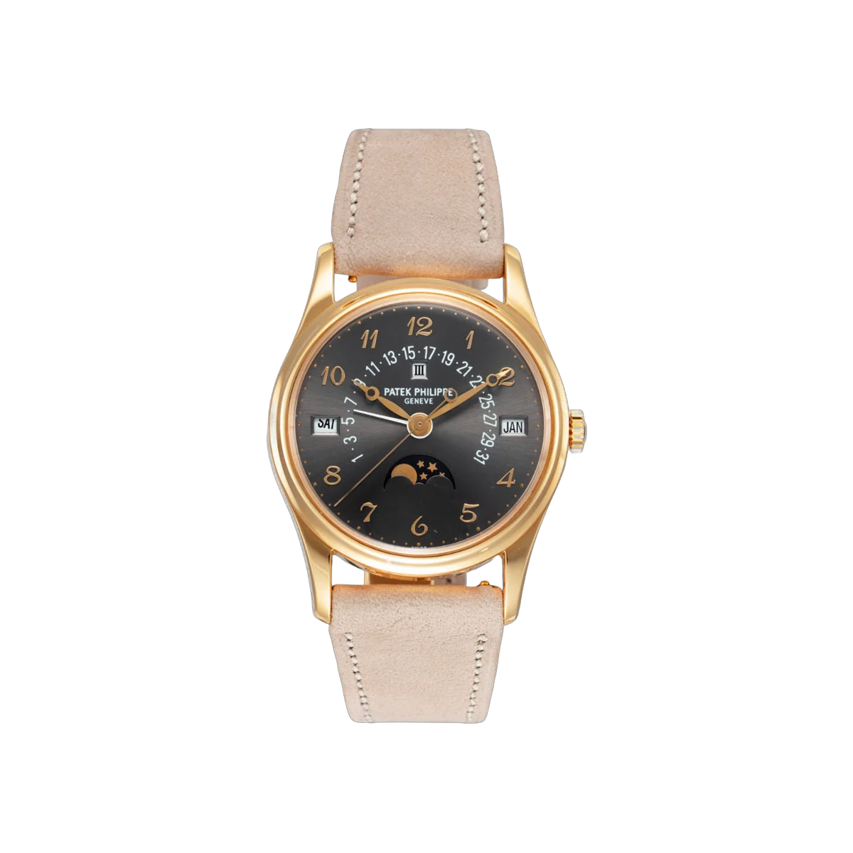 Patek Philippe Retrograde 5050J-023 Yellow Gold Perpetual Calendar Moon Phases 35mm Gray Sunburst Dial Ladies Watch