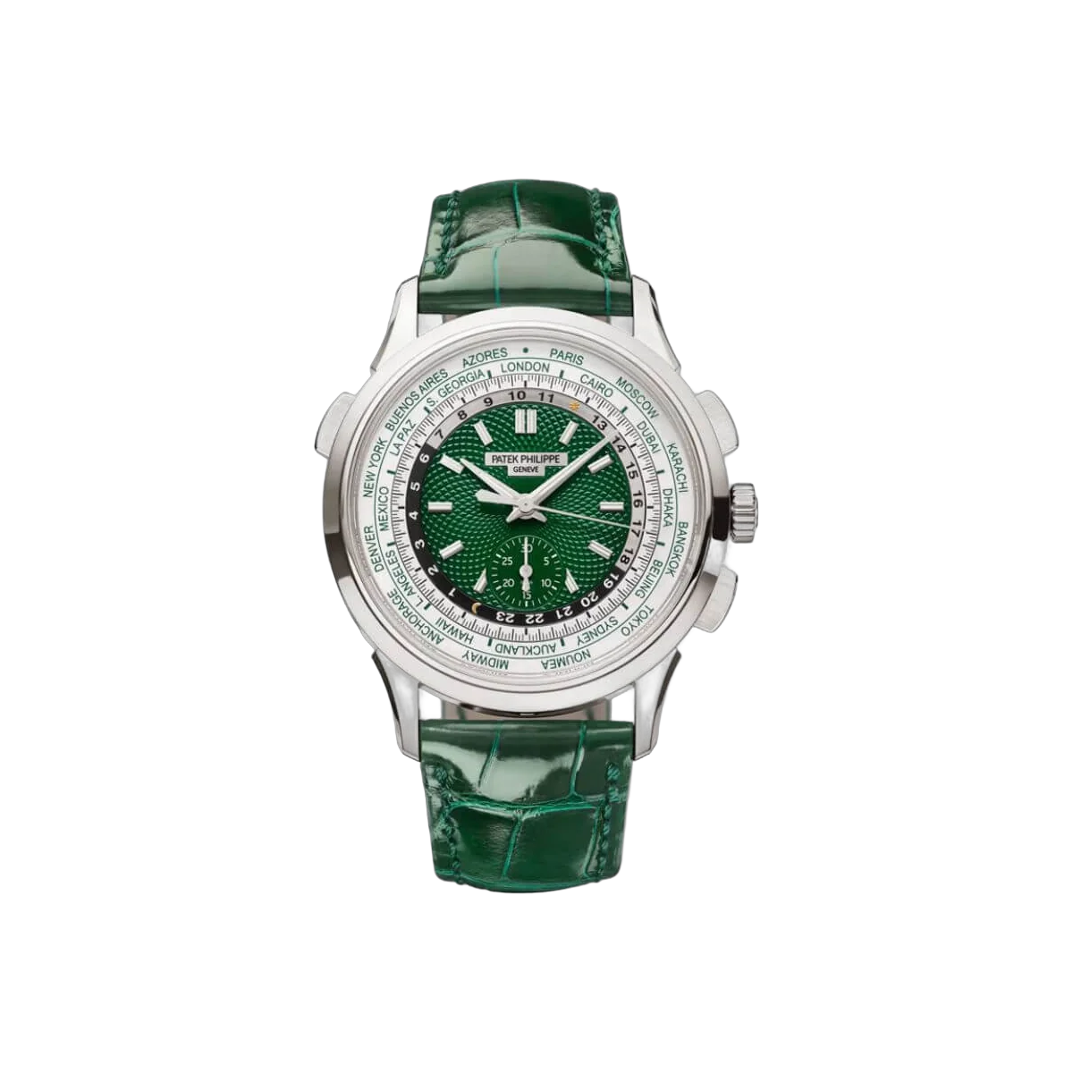 Patek Philippe World Time 5930P-001 Flyback Chronograph Platinum Green Dial