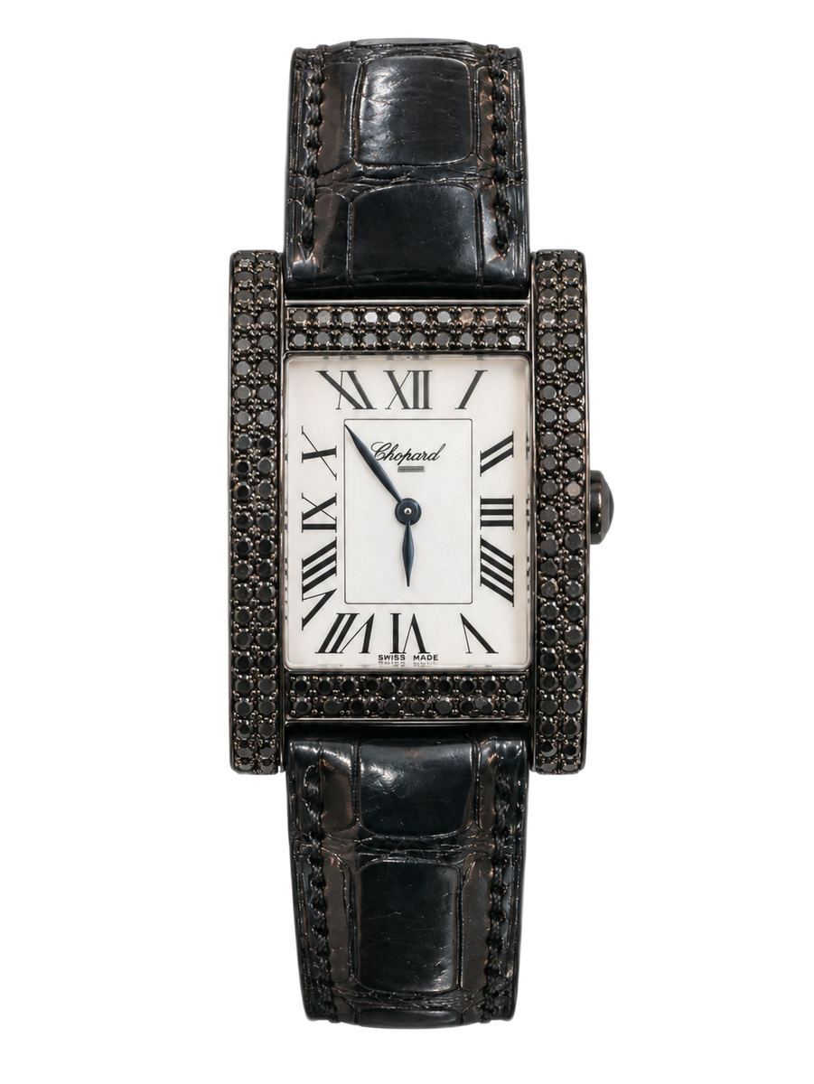 Chopard H Watch White MOP Roman Dial Black Diamond Bezel 16/3449/8