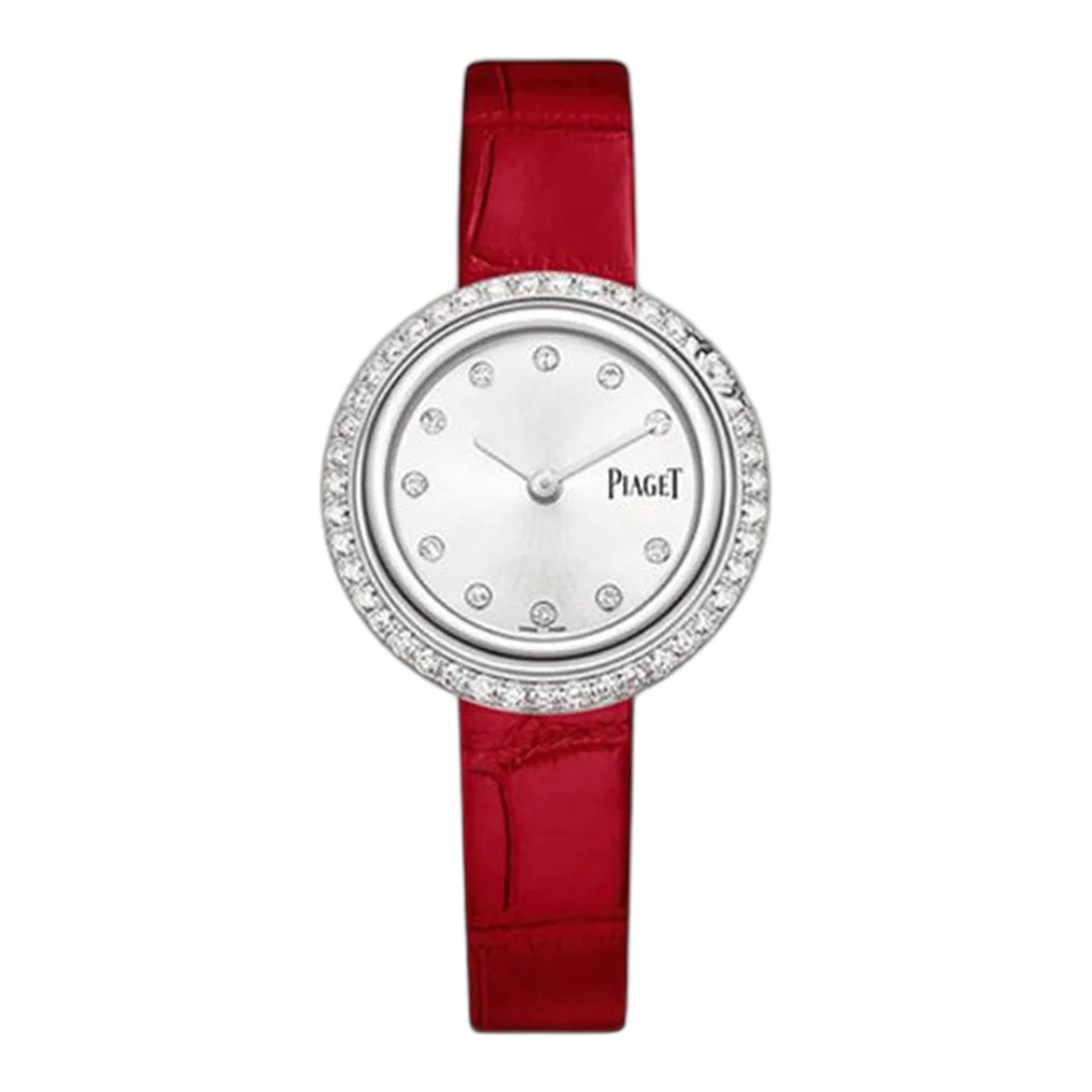 Piaget Possession Watch White Gold Diamond Silver Dial Red Strap Ref. G0A43084