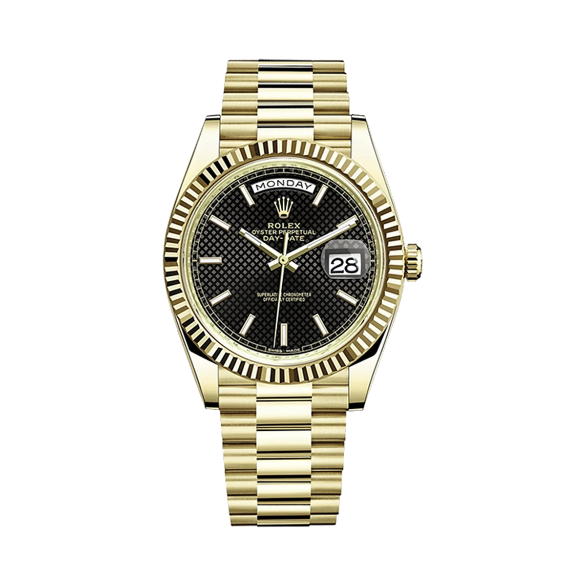 Rolex Day-Date 228238-0007 BKDMIP 40mm 18kt Yellow Gold in Black Diagonal Motif Stick Dial Men's Watch