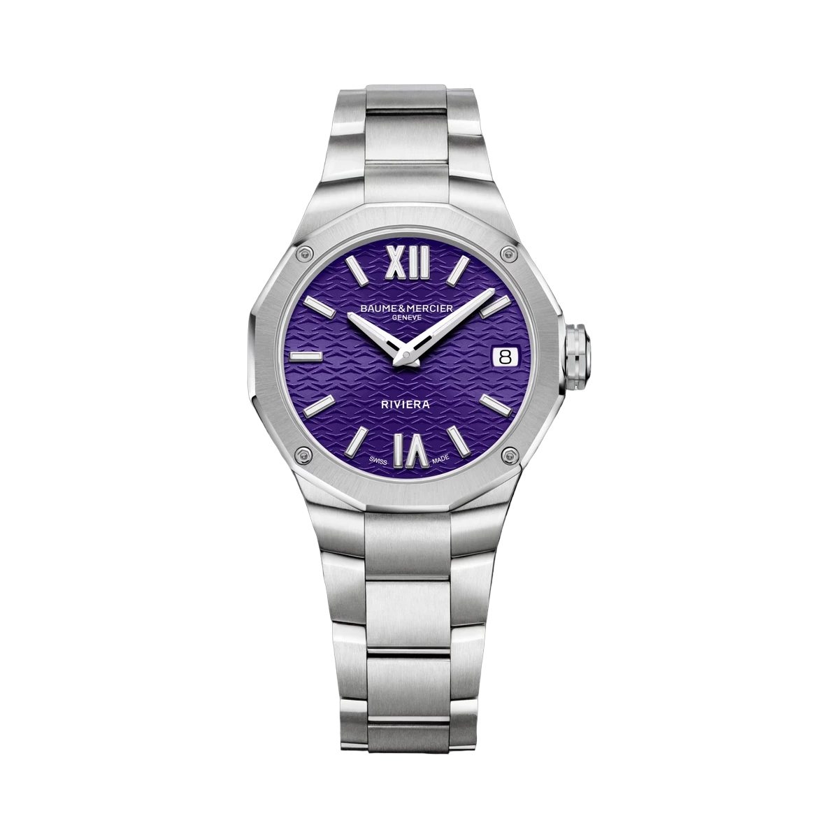 Baume & Mercier Riviera M0A10728 Violet Dial Date Watch 33mm Stainless Steel