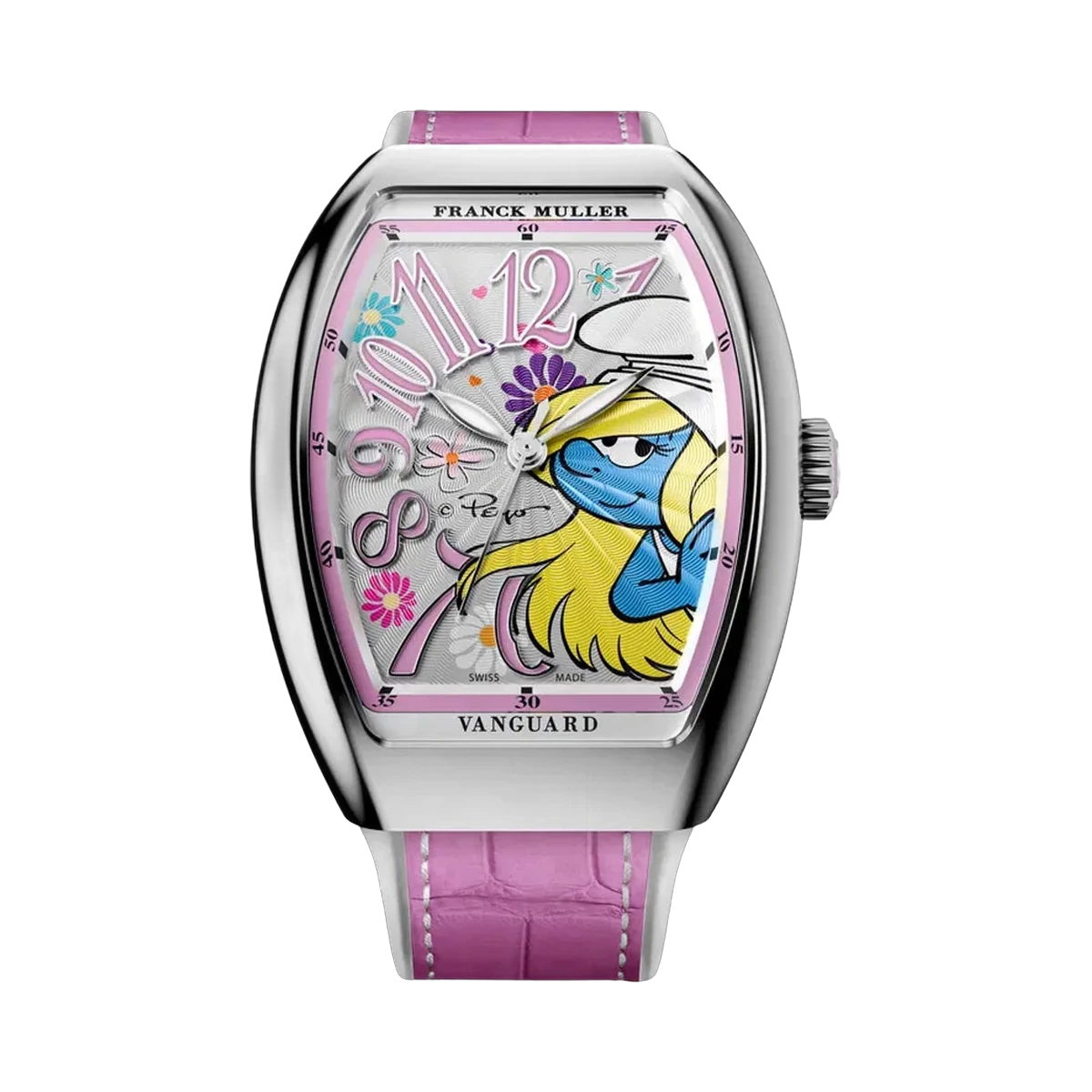 Franck Muller Vanguard V 32 SC AT FO FLW AC RS Smurfette Limited Edition Edelstahl 32mm Florales Rosafarbenes Zifferblatt Damenuhr