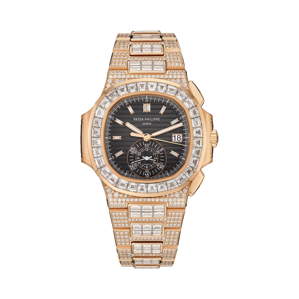 Patek Philippe Nautilus 5980/1400R-011 18K Rose Gold Full Diamond Chronograph Date Baguette 40mm Black Dial Mens Watch