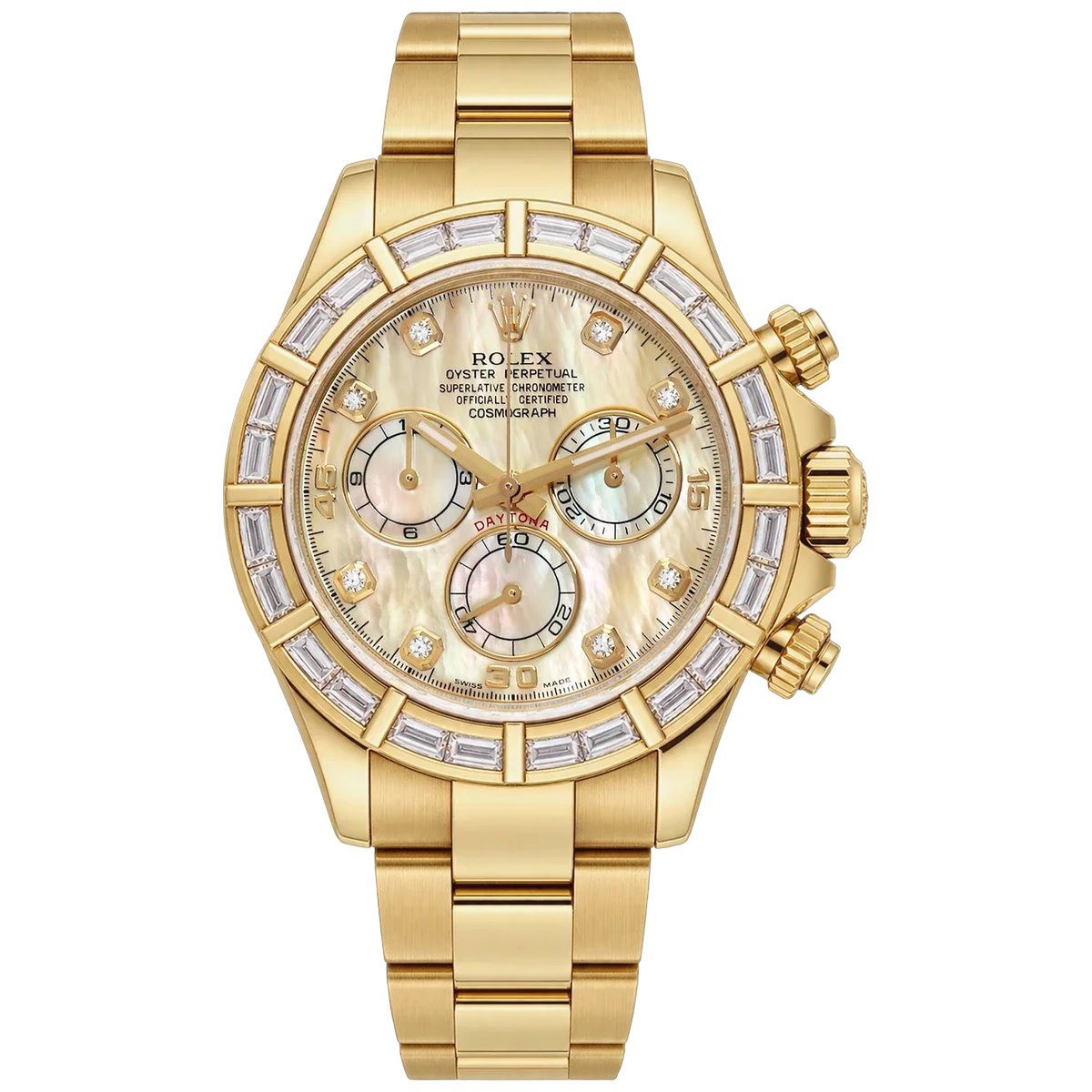 Rolex Cosmograph Daytona 116568BR.YLW.MOP Yellow Gold Yellow Mother-of-Pearl Dial Baguette Diamond Bezel