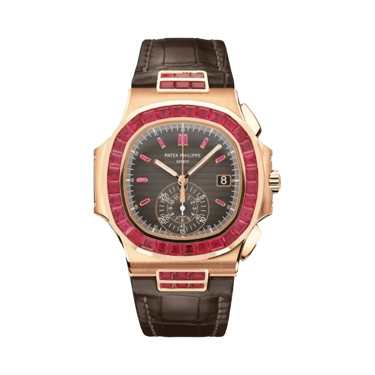 Patek Philippe Nautilus 5980/12R-010 Black Dial Ruby Bezel Chronograph 40Mm 18K Rose Gold Black Leather Straps Men's Watch