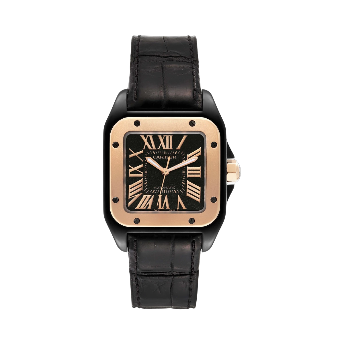 Cartier Santos 100 W2020009 Black Roman Dial 33mm 8K Rose Gold PVD Coated Stainless Steel