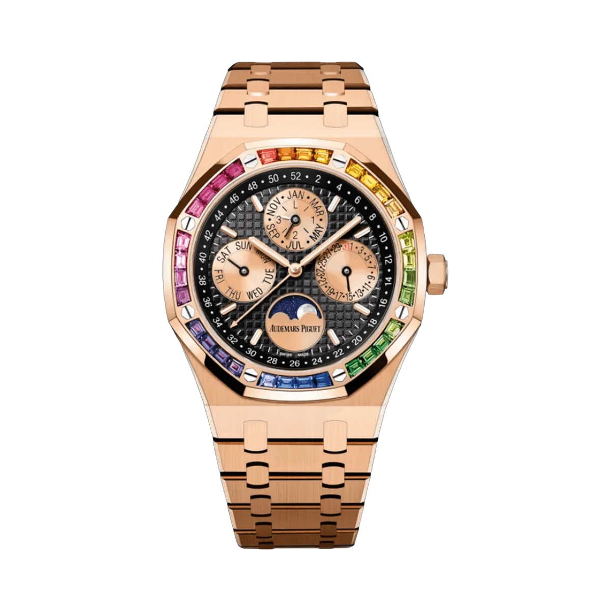 Audemars Piguet Royal Oak 26614OR.YY.1220OR.01 Perpetual Calendar Ltd Edition Roségold Schwarzes Zifferblatt Regenbogen-Lünette 41mm Herrenuhr