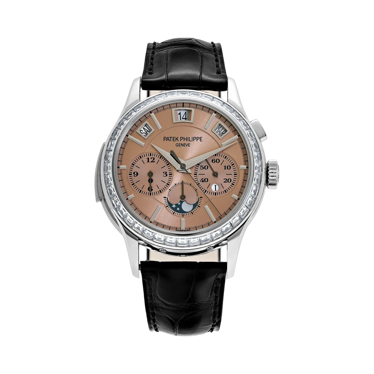 Patek Philippe Grand Complications 5208-300P Platinum Moon-Phase Diamond-set Bezel 42mm Salmon Dial Men's Watch