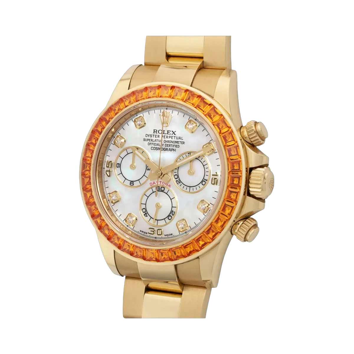 Rolex Cosmograph Daytona 116578SACO Gelbgold Baguetteschliff Orange Saphire Lünette 40mm Perlmuttzifferblatt Unisex Armbanduhr