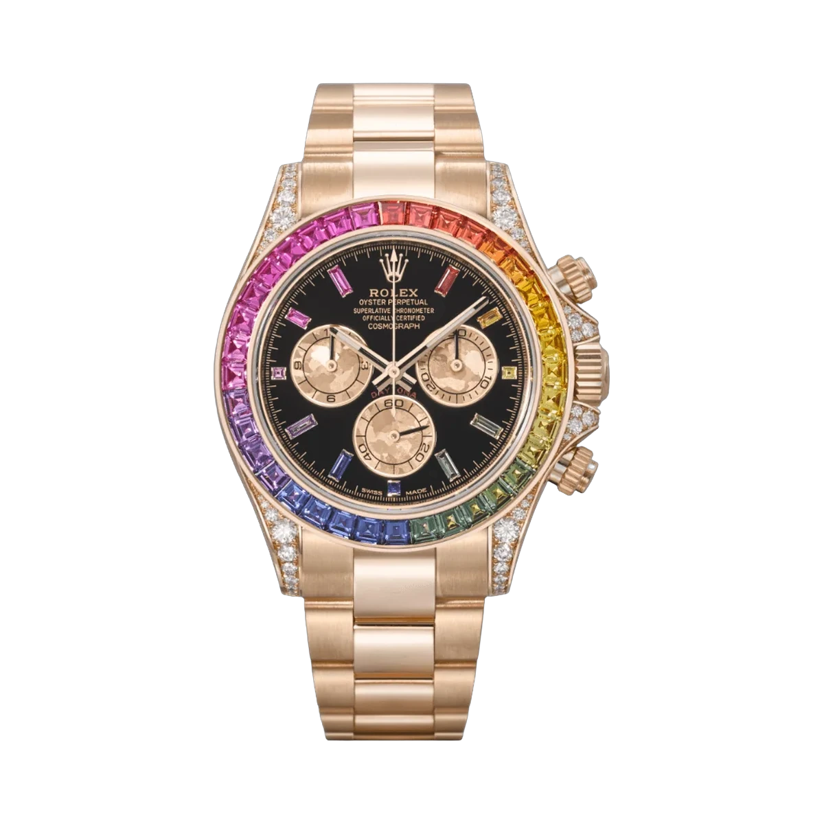 Rolex Daytona 116598RBOW Rainbow Yellow Gold Sapphire Bezel Black Dial