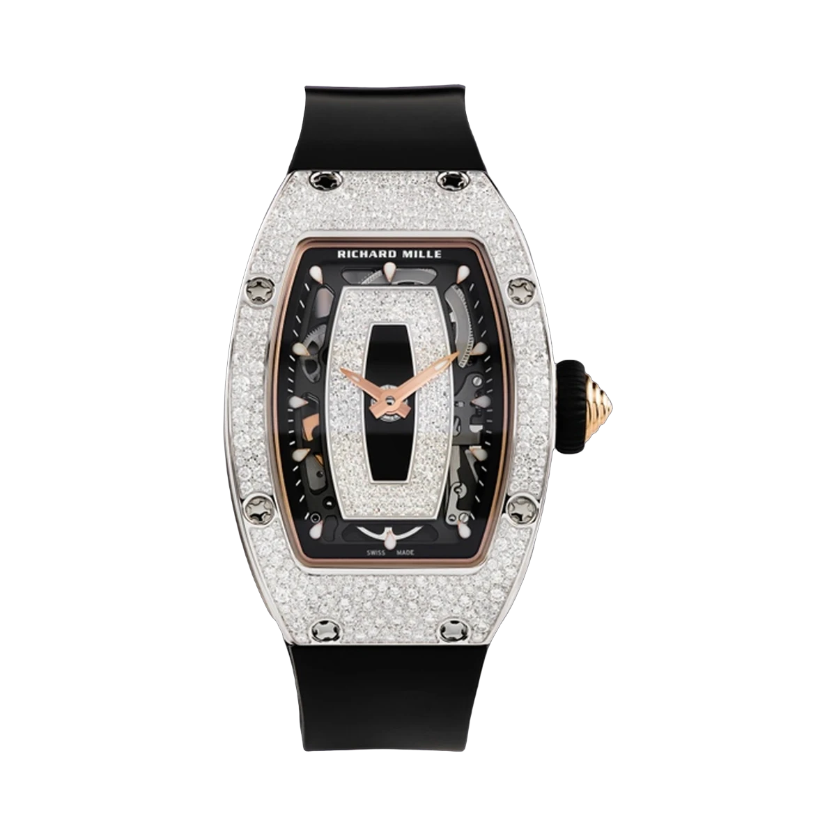 Richard Mille RM 037 WG Onyx And Diamond Dial 34.40mm 18K White Gold Black Rubber Straps Ladies Watch