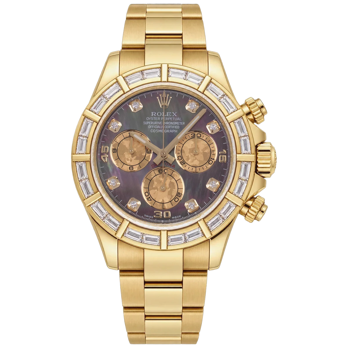 Rolex Cosmograph Daytona 116568BR.BLK.MOP Yellow Gold Black Mother-of-Pearl Dial Baguette Diamond Bezel