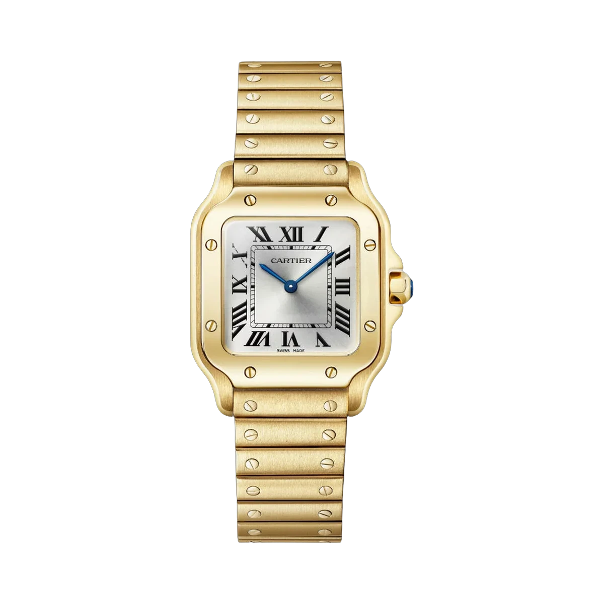 Cartier Santos De Cartier WGSA0107 Small Yellow Gold 34.5mm x 27mm Silver Sunray Dial Ladies Watch
