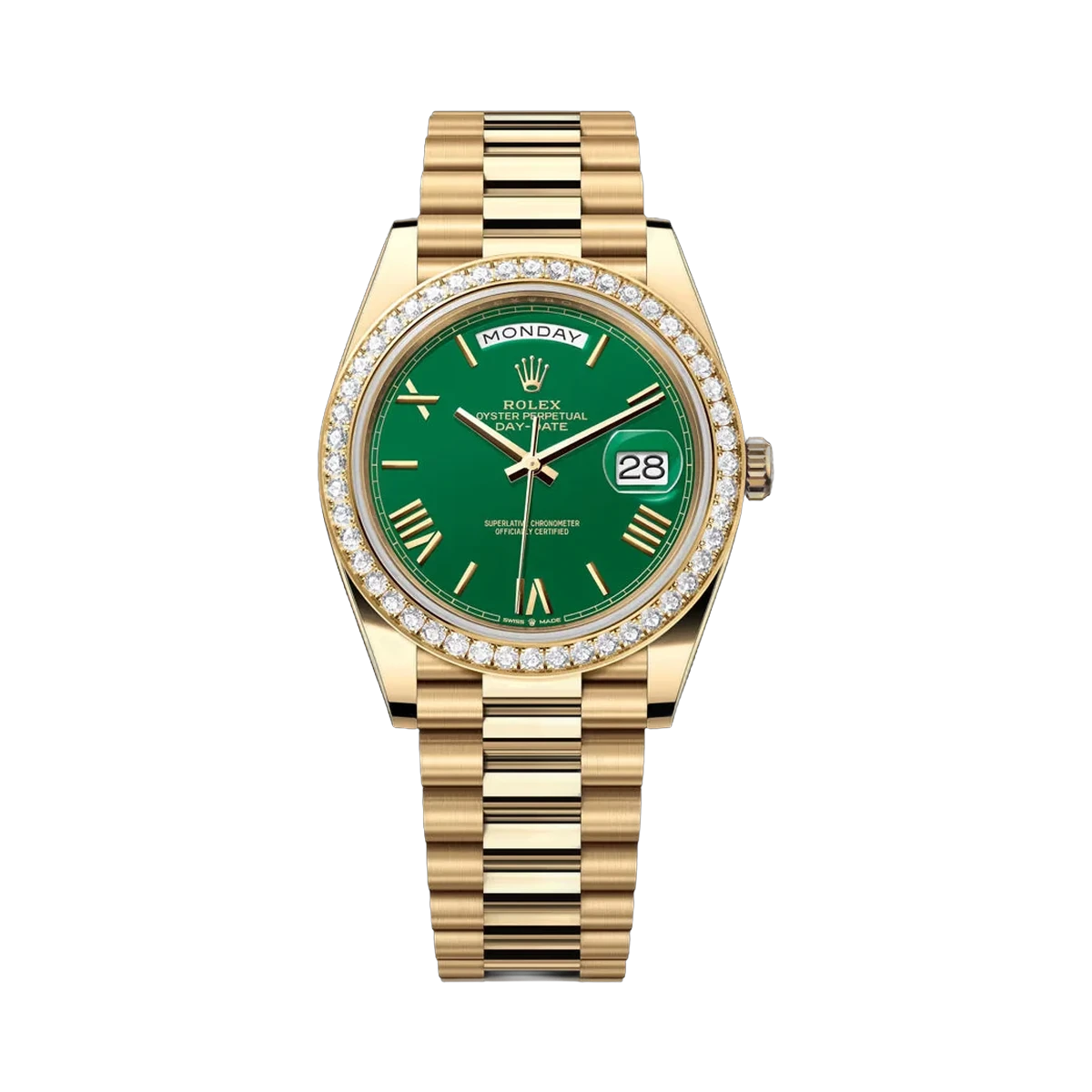 Rolex Day-Date 228348RBR-0040 Yellow Gold Diamond Bezel 40mm Green Dial Men's Watch