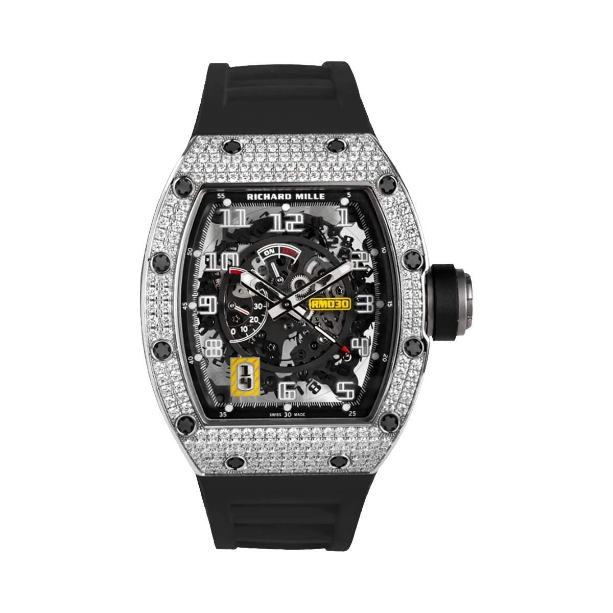 Richard Mille RM 030 WG Full Pave Diamond 42.7Mm X 50Mm 18K White Gold Black Rubber Straps Men's Watch