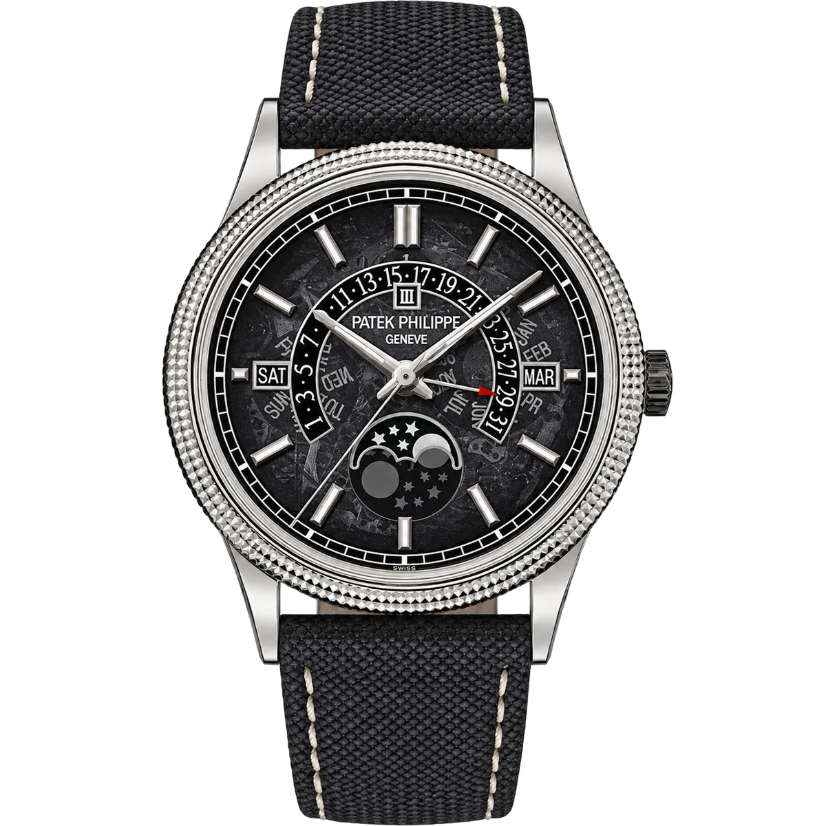 百达翡丽 Grand Complications 6159G-001 万年历月相白金烟熏蓝宝石表盘 39.5 毫米男士手表