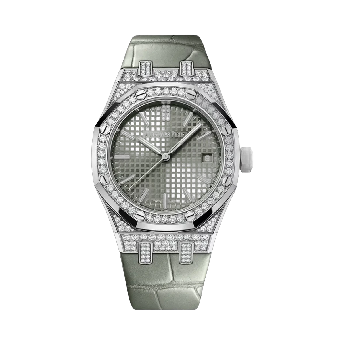 Audemars Piguet Royal Oak 15551BC.ZZ.D405CR.01 White Gold Diamond Bezel 37mm Green Dial Ladies Watch