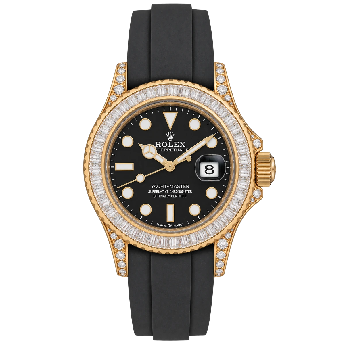 Rolex Yacht Master M226668TBR Gelbgold Baguette-Diamanten Lünette 42mm Schwarzes Zifferblatt Herrenuhr