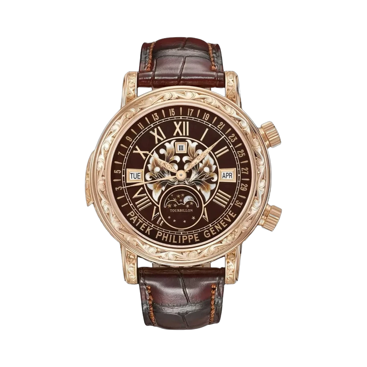 Patek Philippe Grand Complications 6002R-001 Sky Moon Tourbillon Rose Gold 44mm Grand Feu Champlevé and Cloisonné Brown Enamel Dial Men's Watch