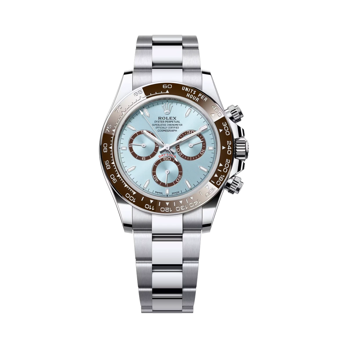 Rolex Cosmograph Daytona 126506 Chestnut Brown Bezel Oyster Platinum Bracelet Ice Blue Dial